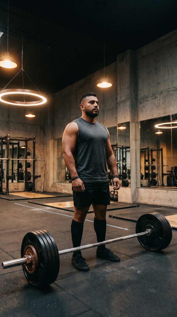 El atleta en reposo detrás de la barra, con el gimnasio iluminado.